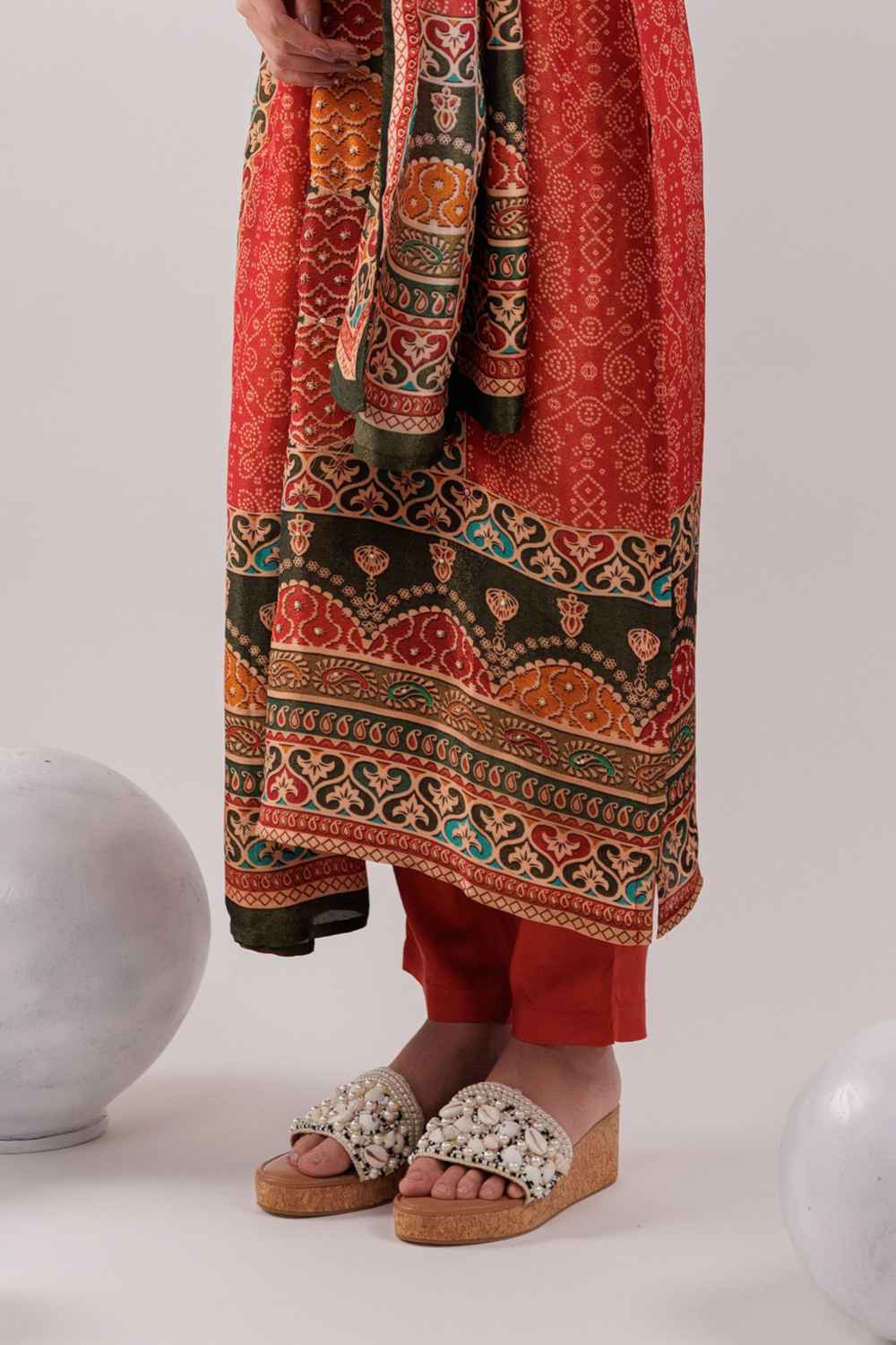 Red Ethnic Motifs Sequins Work Pure Silk Kurti Set