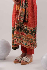 Red Ethnic Motifs Sequins Work Pure Silk Kurti Set