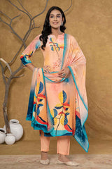 Orange Abstract Print Embroidered Pure Silk Kurta Set