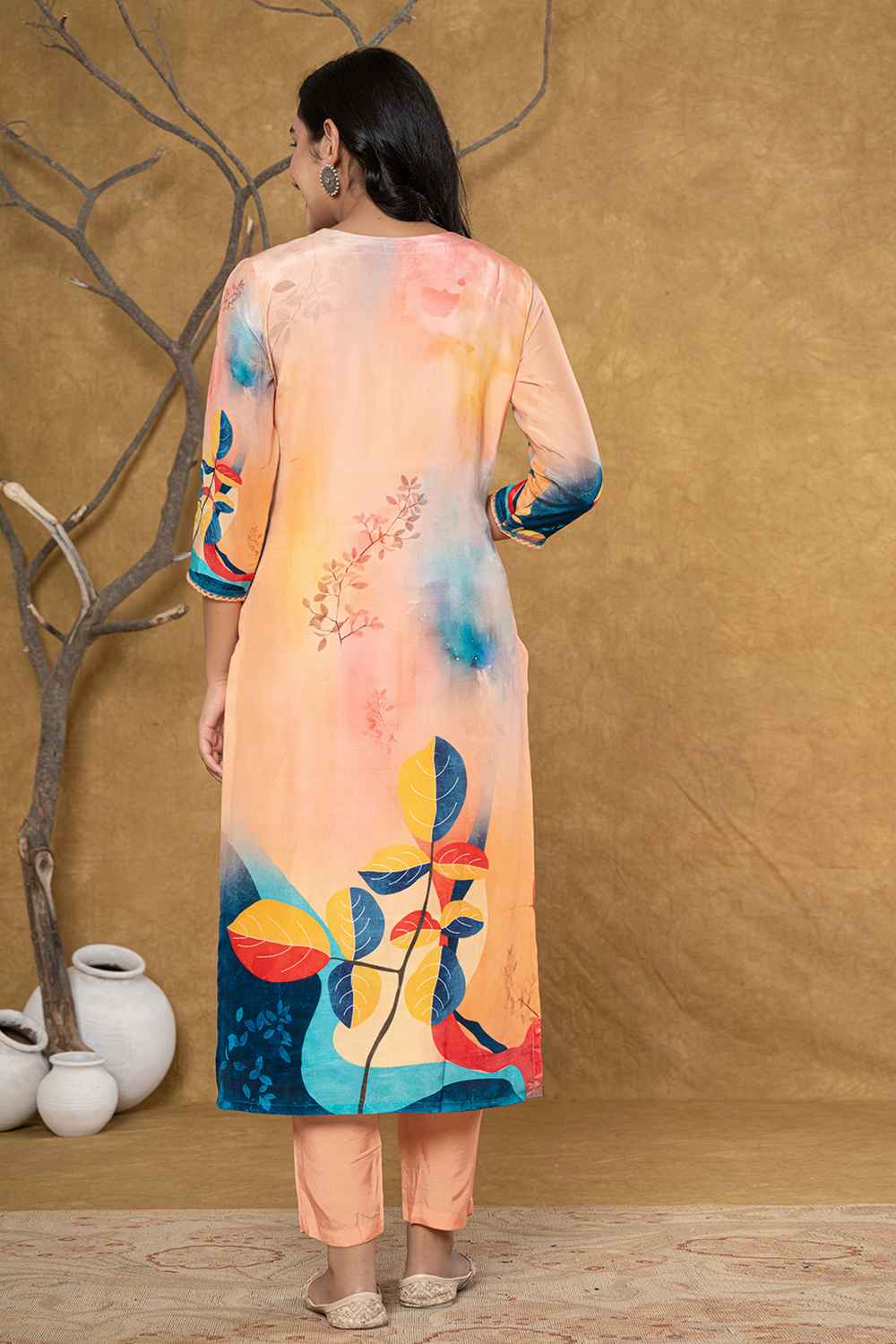 Orange Abstract Print Embroidered Pure Silk Kurta Set