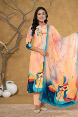 Orange Abstract Print Embroidered Pure Silk Kurti Set