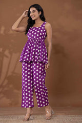 Violet Polka Dot Print Cotton Co-Ord Set