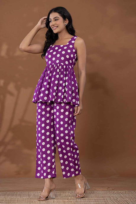 Violet Polka Dot Print Cotton Co-Ord Sets