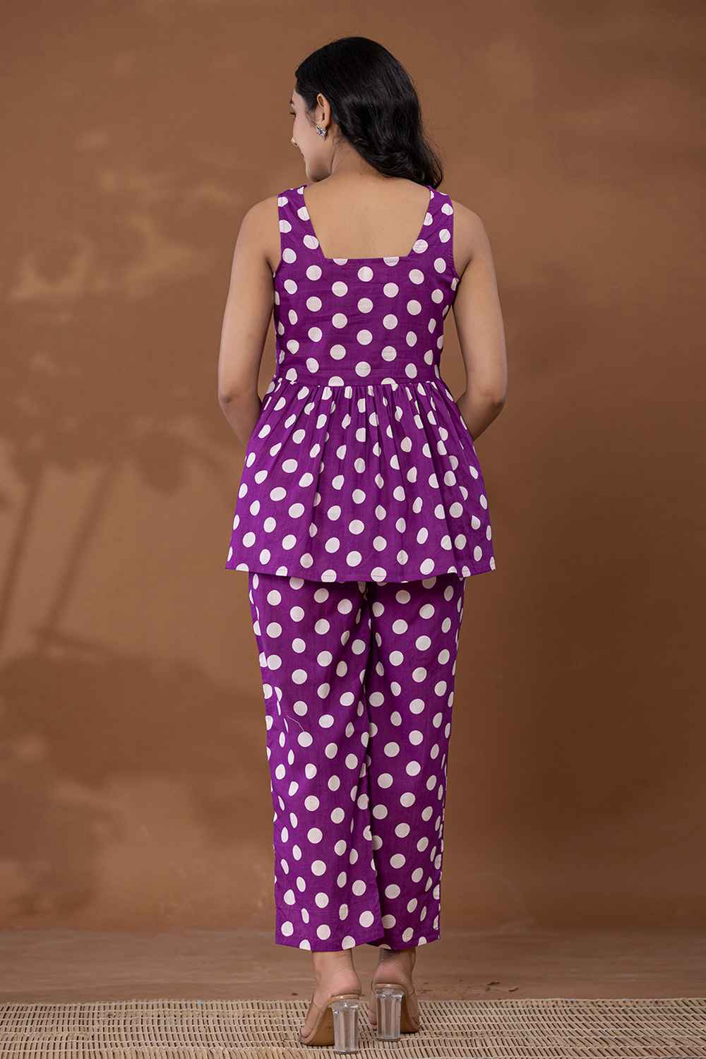 Violet Polka Dot Print Cotton Co-Ord Set