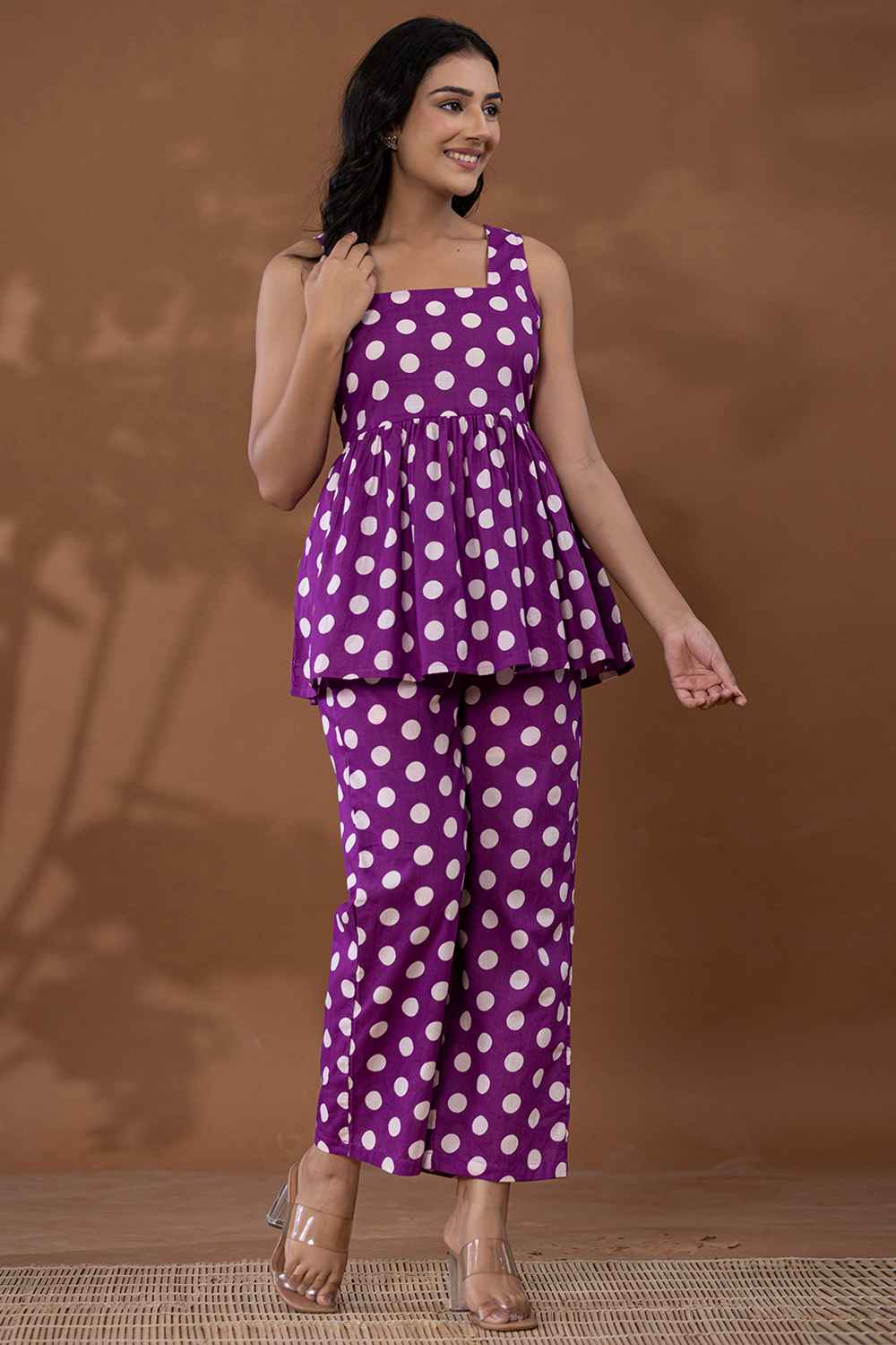 Violet Polka Dot Print Cotton Co-Ord Sets