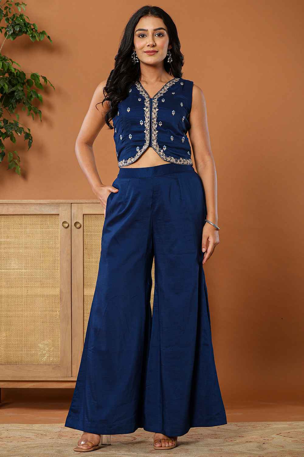 Blue Thread Work Silk Co-Ord Sets