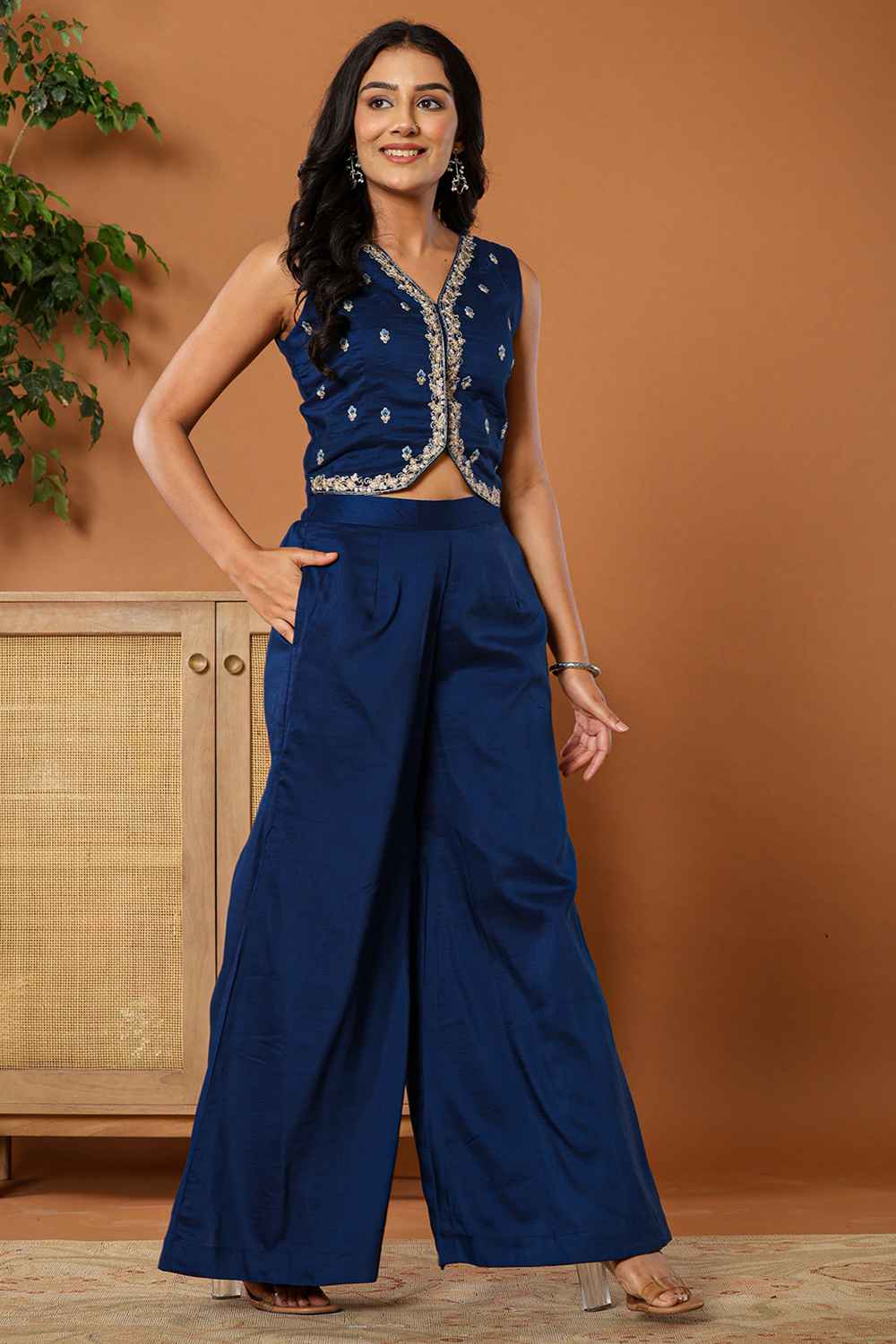 Blue Thread Work Silk Co-Ord Set