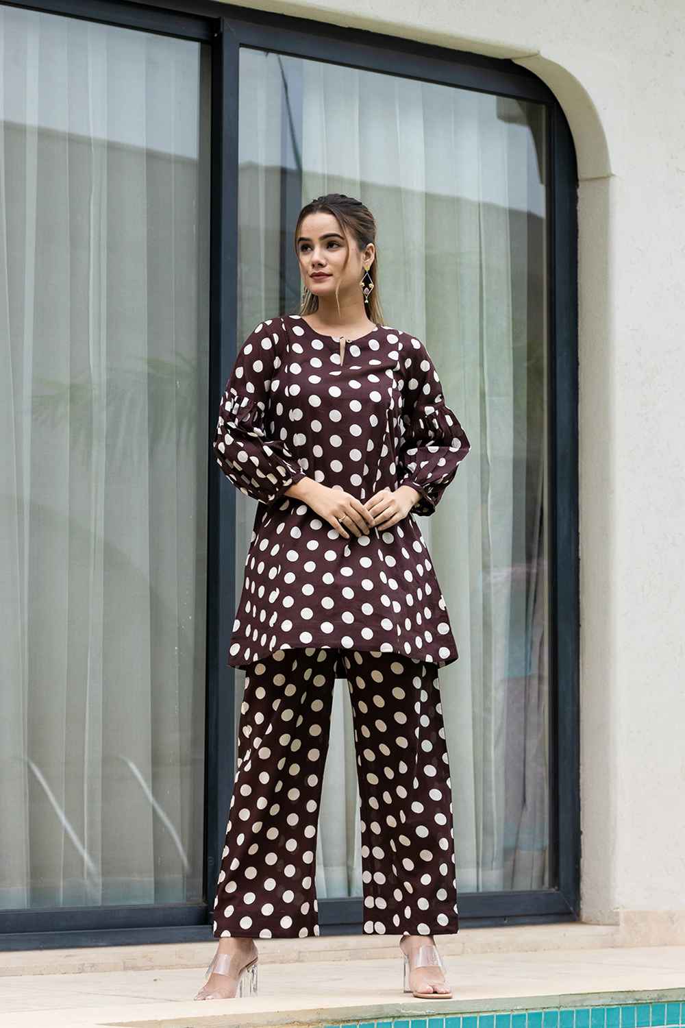 Brown Polka Dot Print Cotton Co-Ord Sets