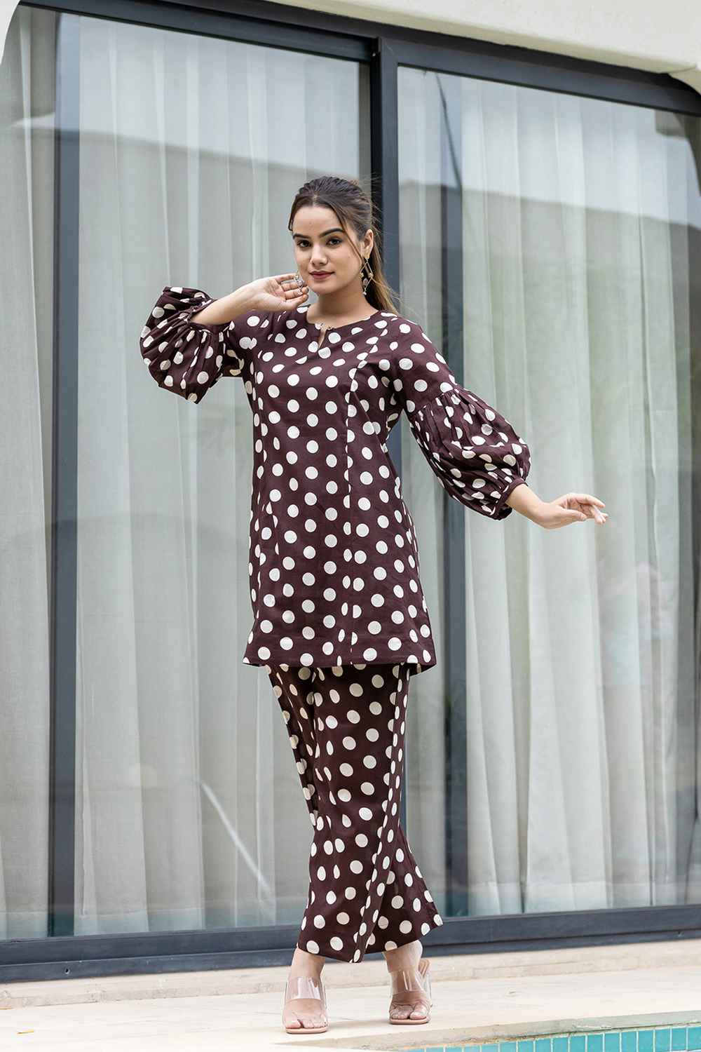 Brown Polka Dot Print Cotton Co-Ord Sets