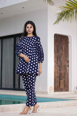 Blue Polka Dot Print Cotton Co-Ord Sets