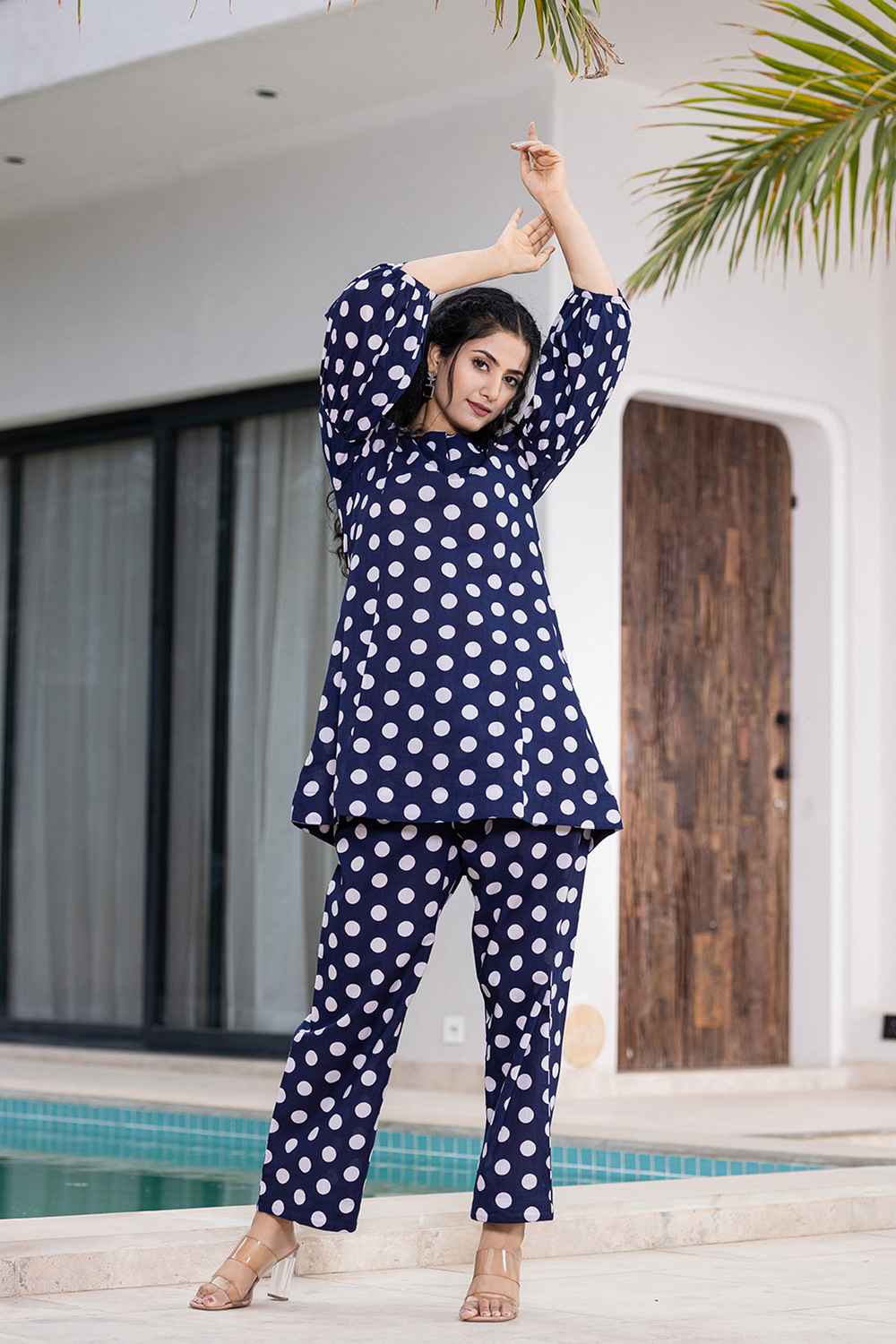 Blue Polka Dot Print Cotton Co-Ord Sets