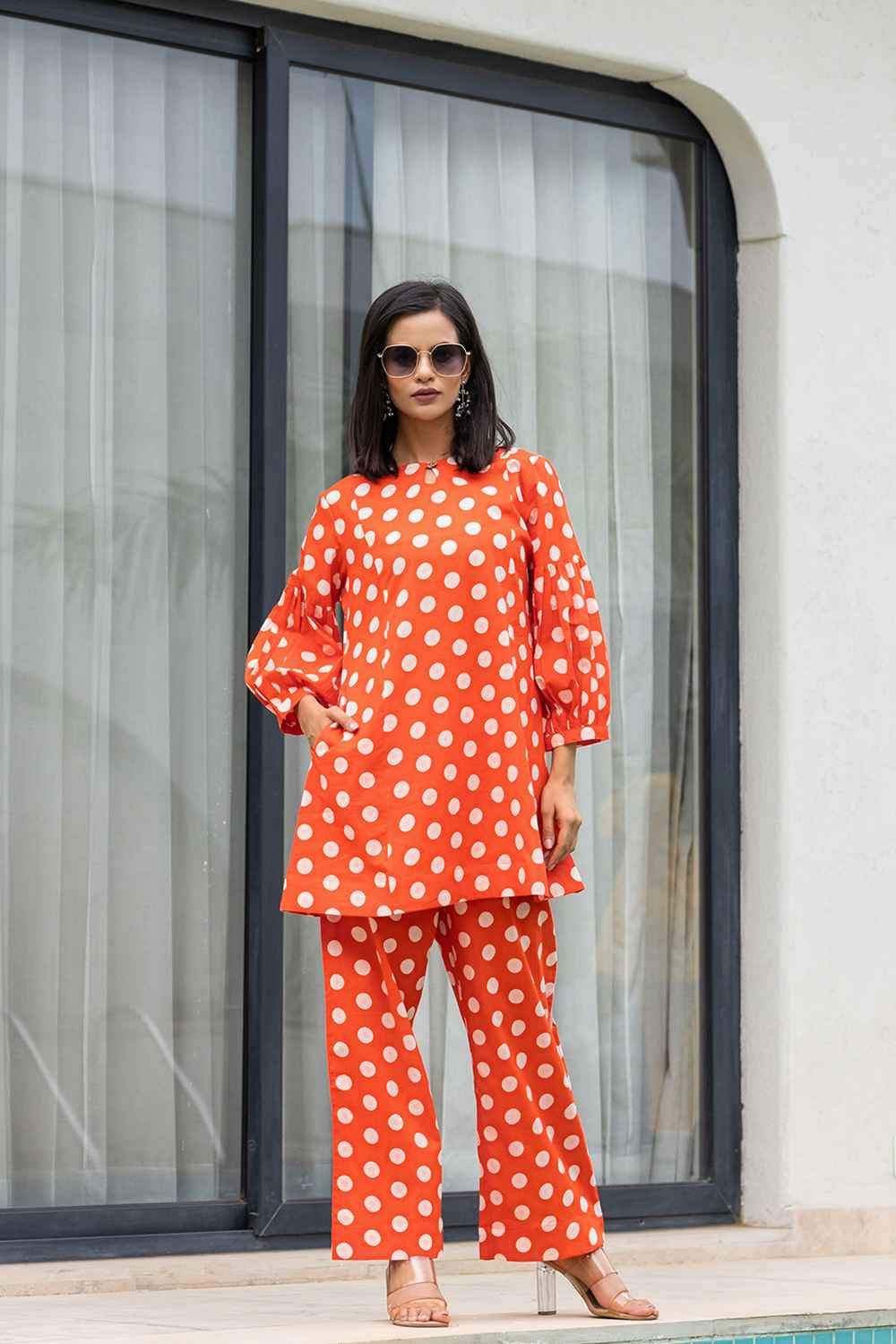 Orange Polka Dot Print Cotton Co-Ord Sets