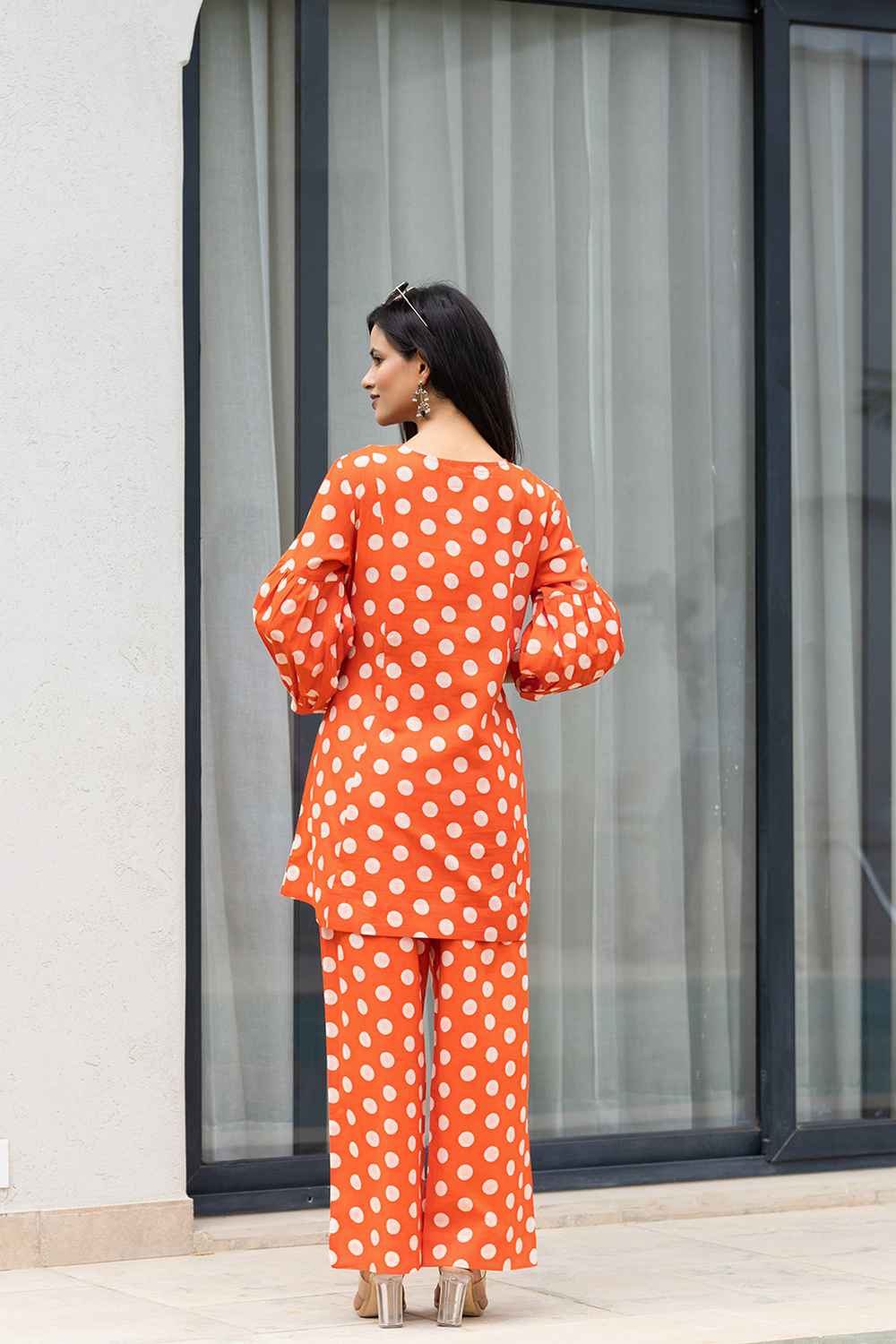 Orange Polka Dot Print Cotton Co-Ord Sets