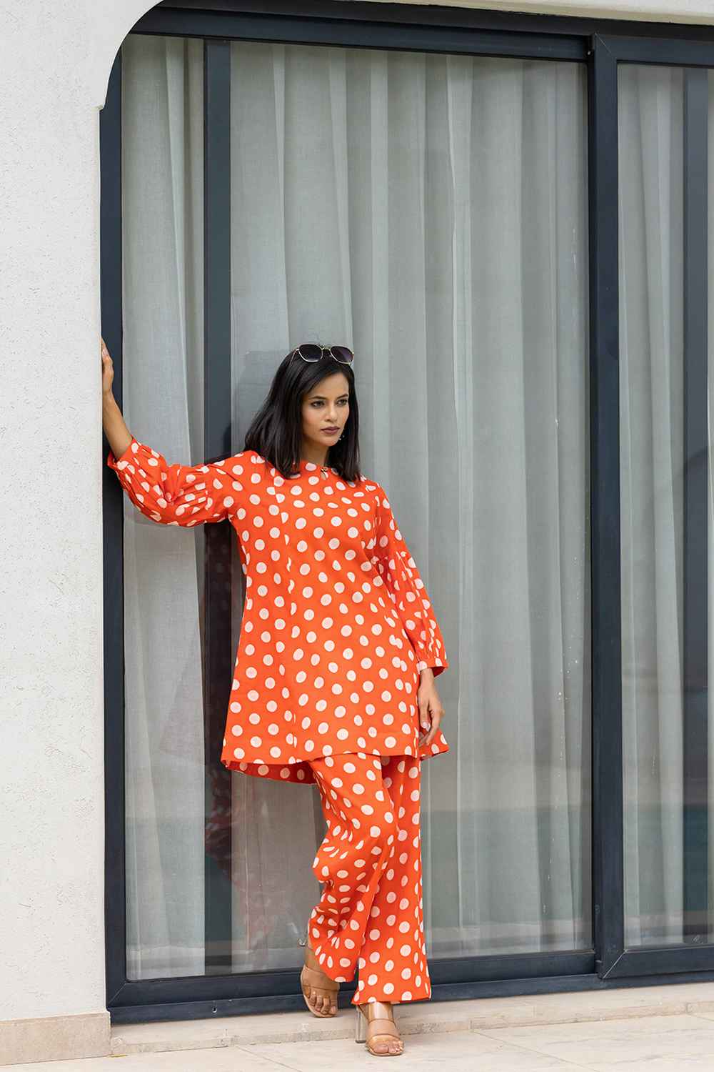 Orange Polka Dot Print Cotton Co-Ord Sets