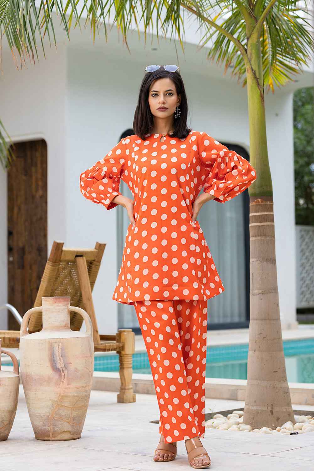 Orange Polka Dot Print Cotton Co-Ord Sets