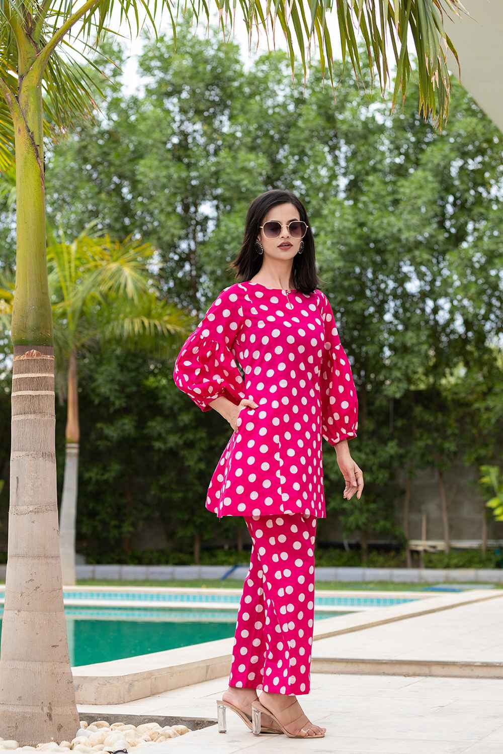 Pink Polka Dot Print Cotton Co-Ord Sets