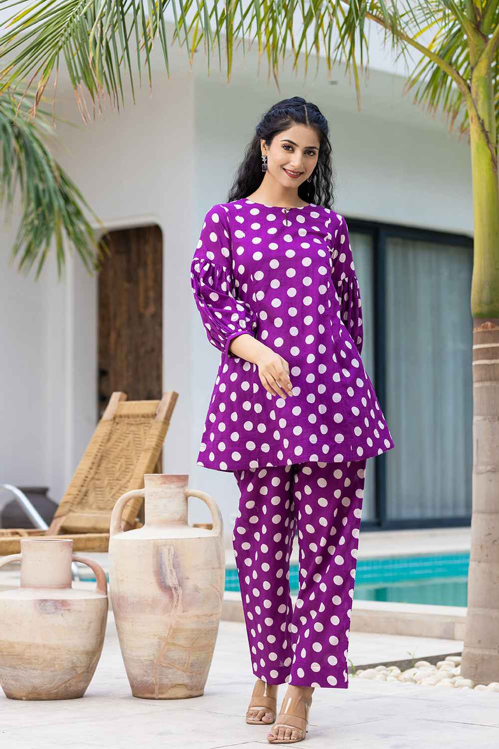 Violet Polka Dot Print Cotton Co-Ord Sets