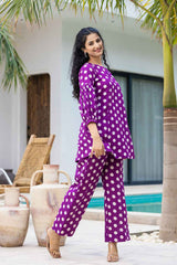 Violet Polka Dot Print Cotton Co-Ord Sets