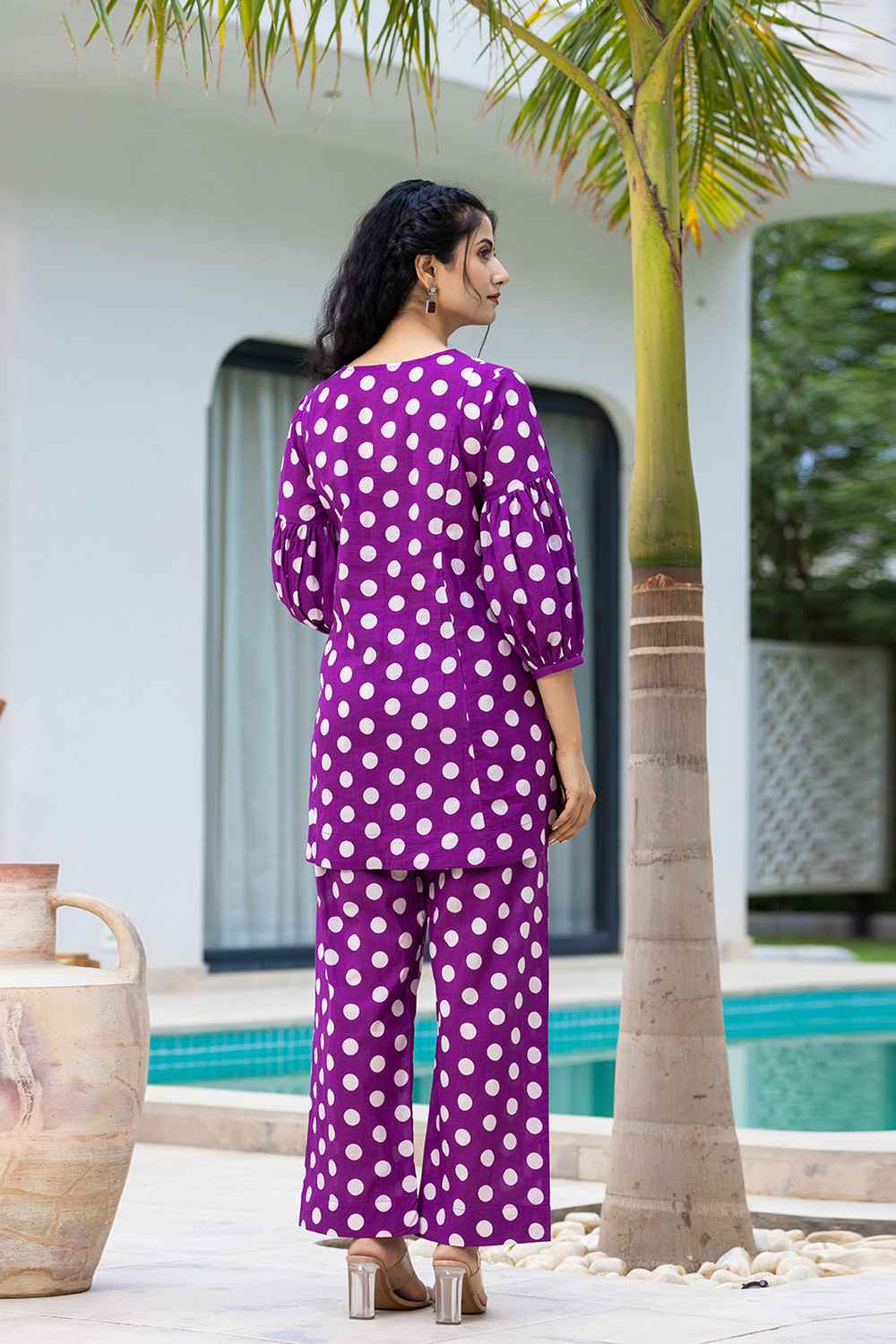 Violet Polka Dot Print Cotton Co-Ord Sets