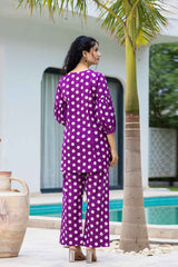 Violet Polka Dot Print Cotton Co-Ord Sets