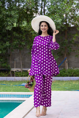 Violet Polka Dot Print Cotton Co-Ord Sets