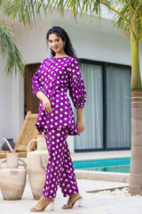 Violet Polka Dot Print Cotton Co-Ord Sets