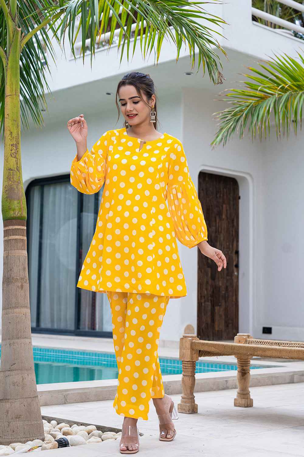 Yellow Polka Dot Print Cotton Co-Ord Sets