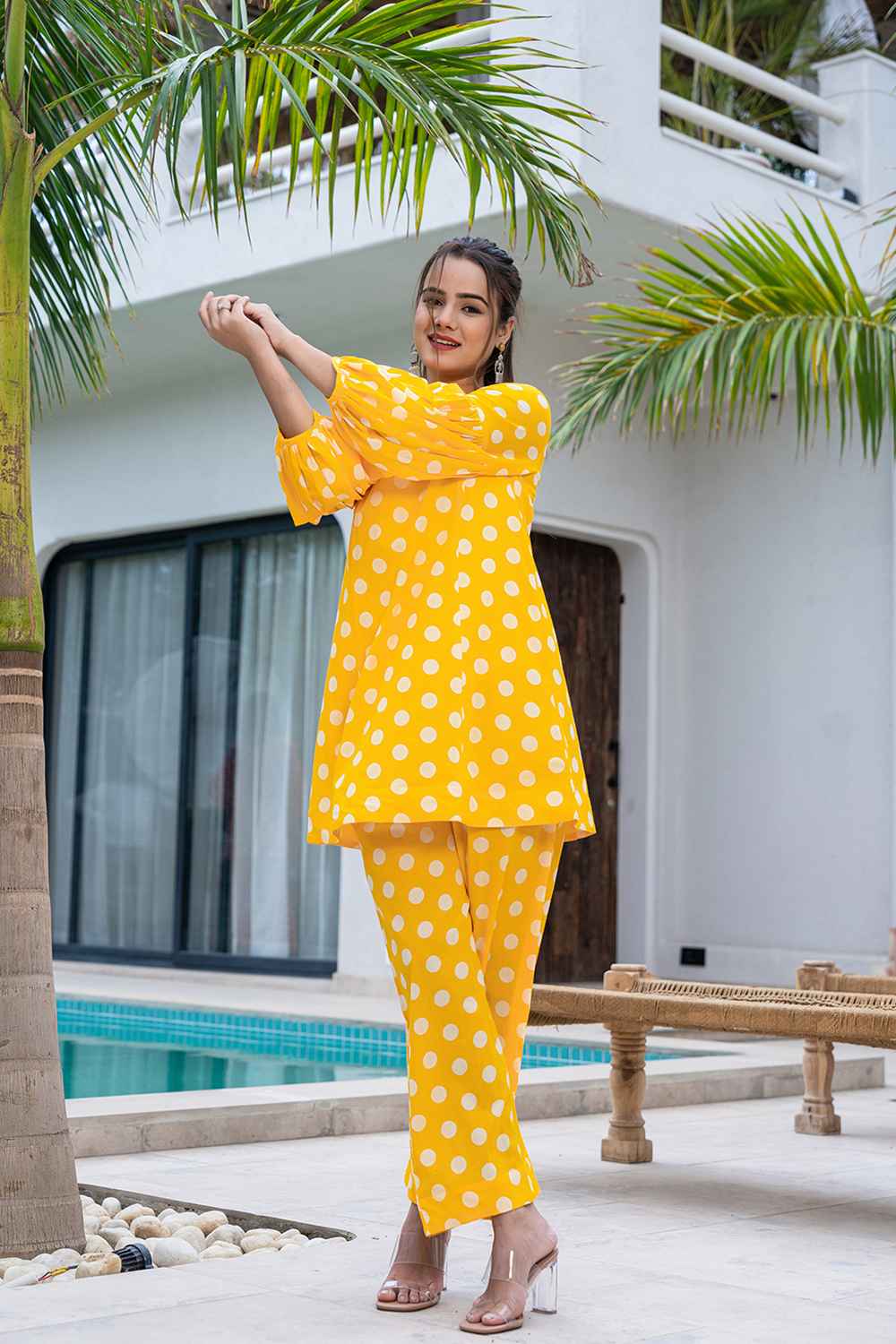 Yellow Polka Dot Print Cotton Co-Ord Sets