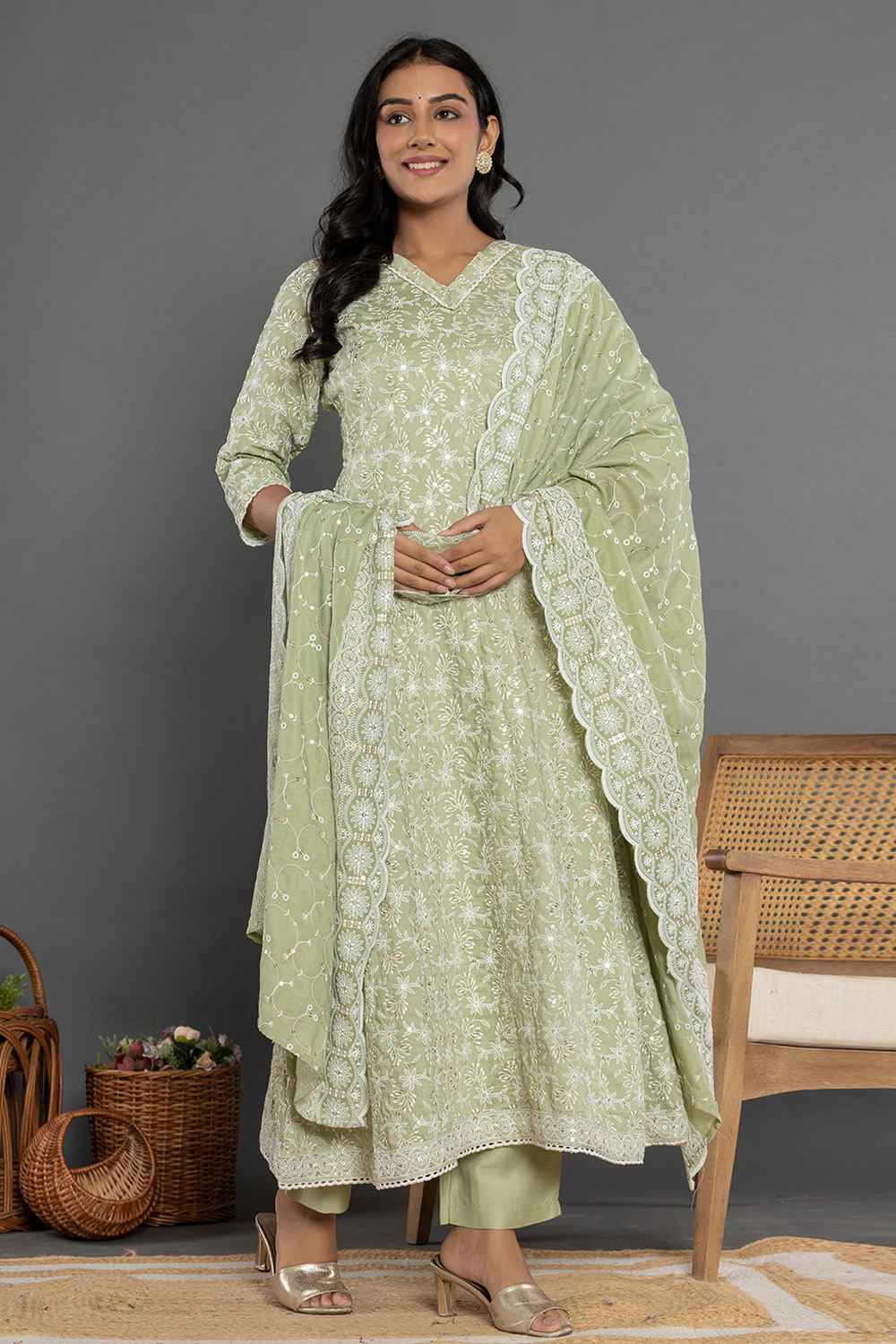 Green Thread Work Cotton Silk Kurta Set