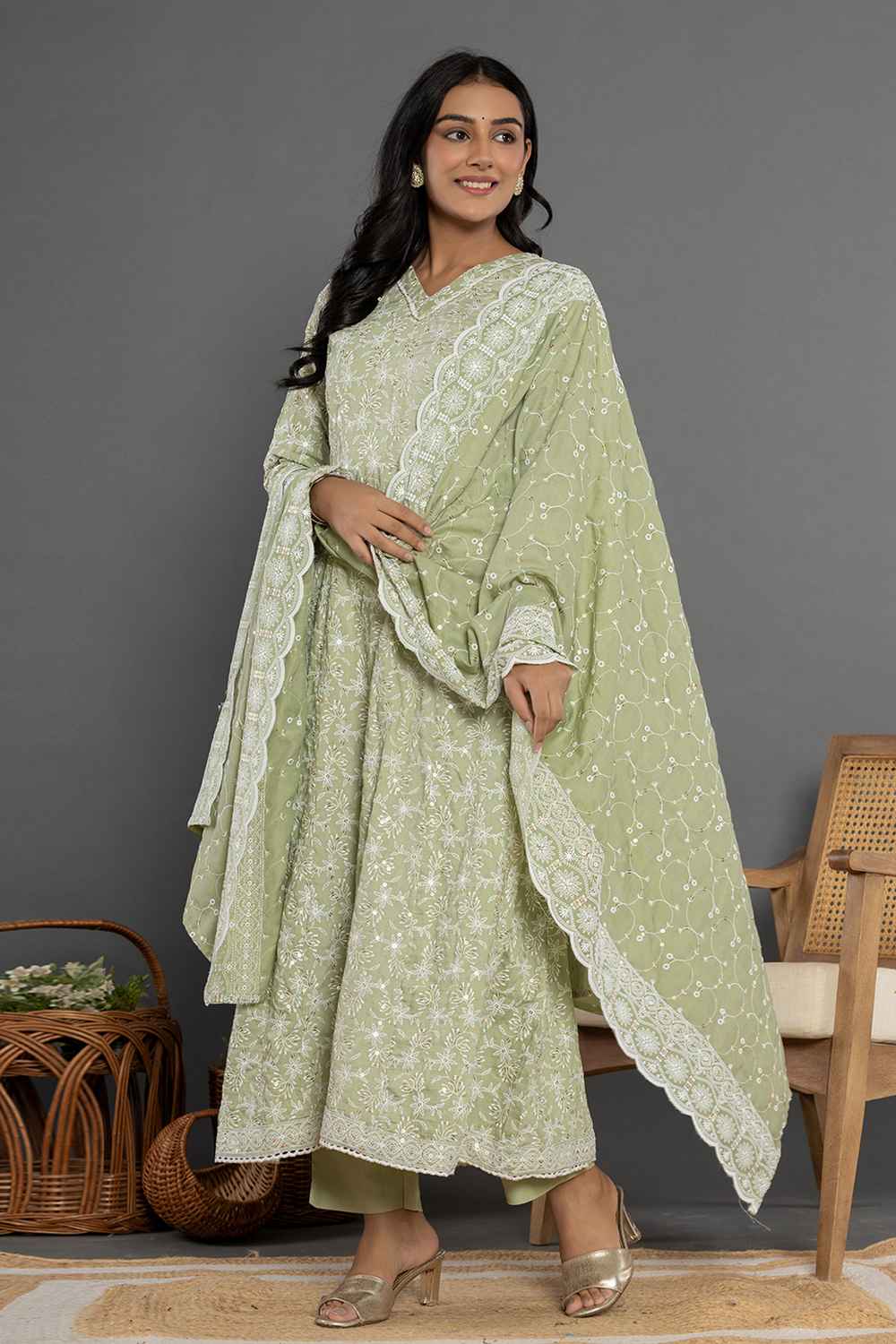 Green Thread Work Cotton Silk Kurti Set