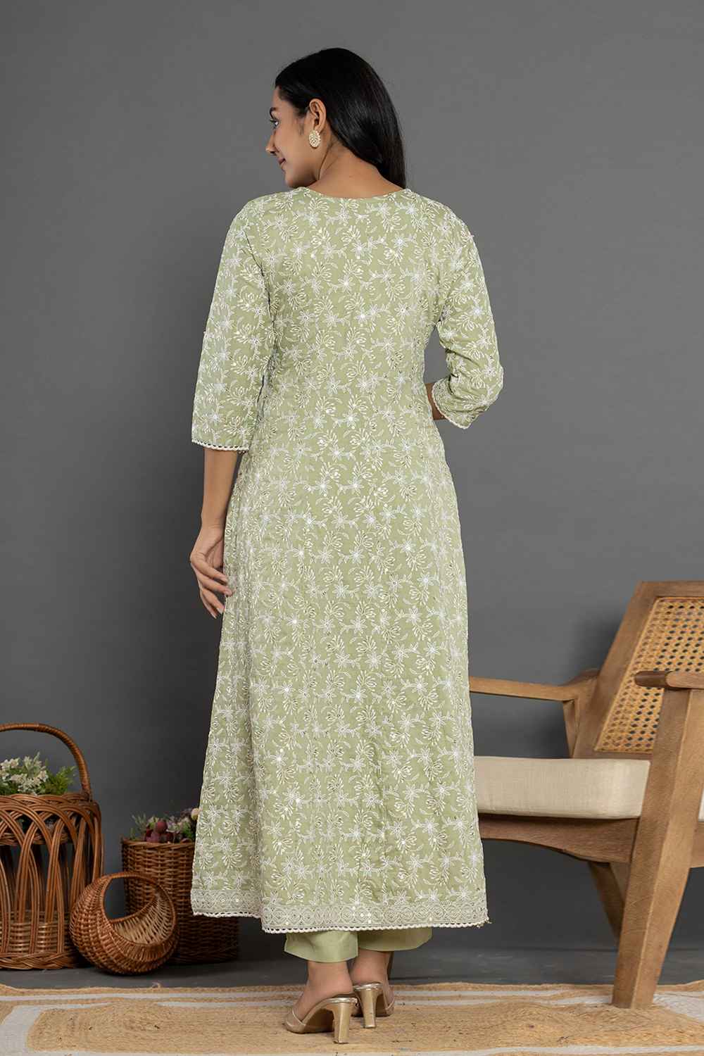 Green Thread Work Cotton Silk Kurti Set