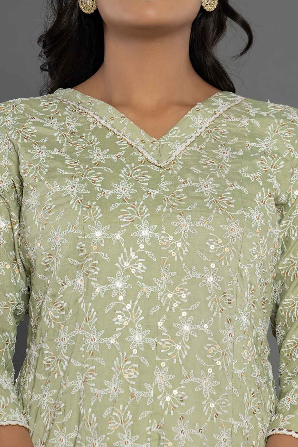 Green Thread Work Cotton Silk Kurti Set