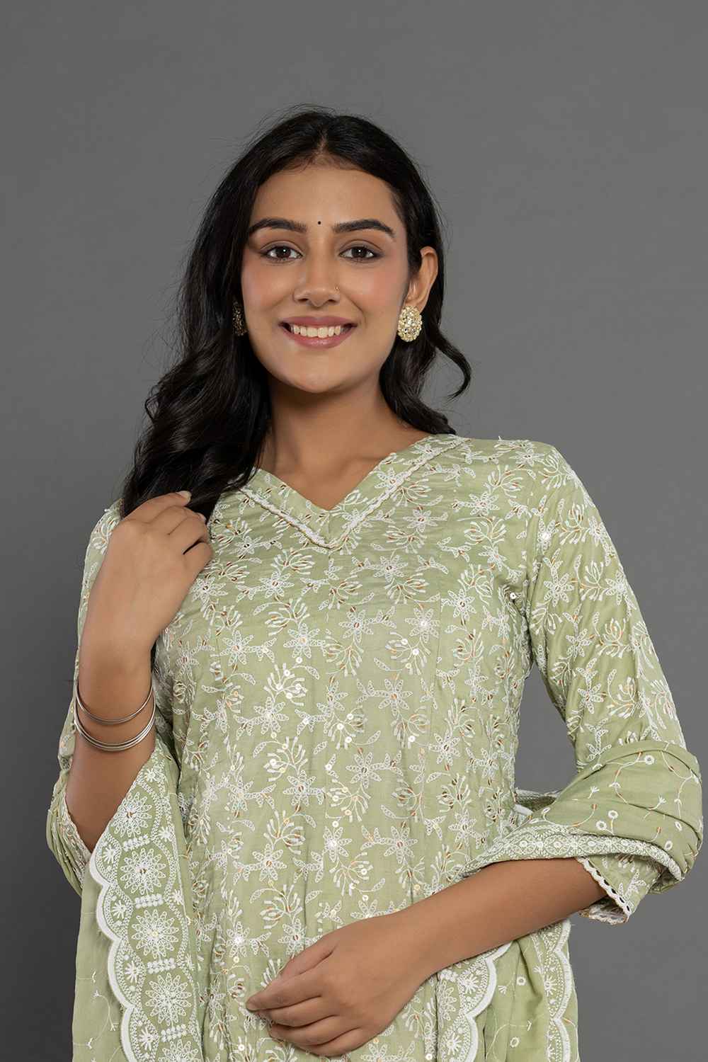 Green Thread Work Cotton Silk Kurta Set