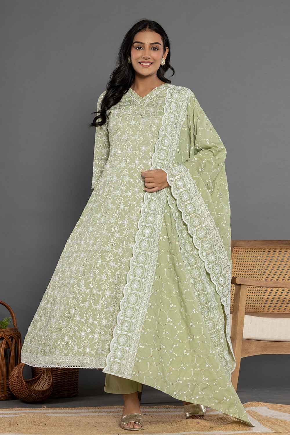 Green Thread Work Cotton Silk Kurti Set