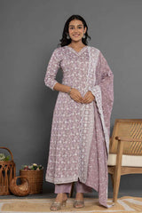 Violet Thread Work Cotton Silk Kurta Set