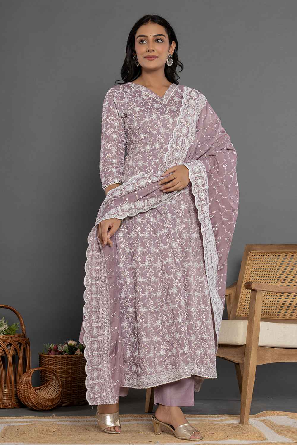 Violet Thread Work Cotton Silk Kurta Set