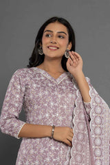 Violet Thread Work Cotton Silk Kurta Set