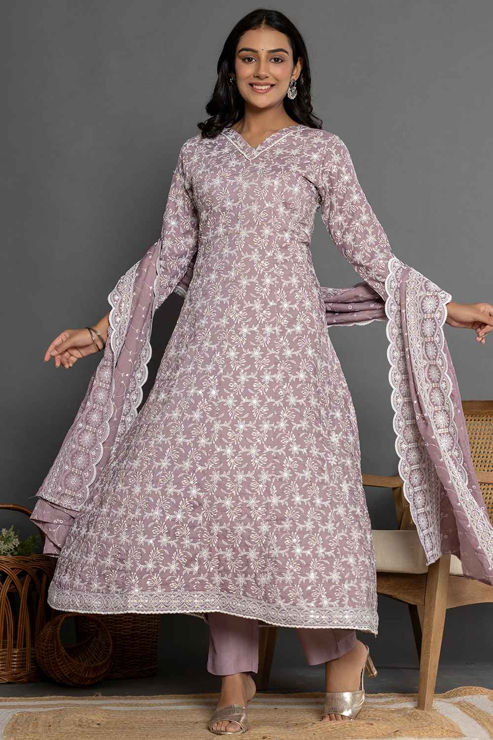 Violet Thread Work Cotton Silk Kurta Set