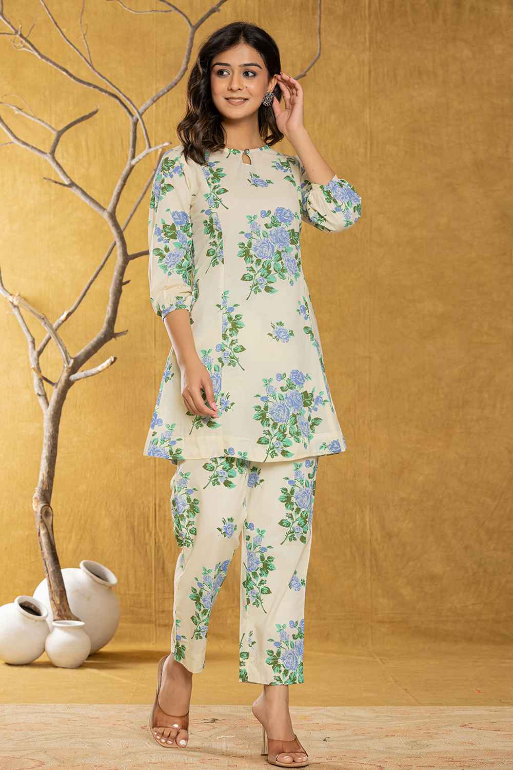 Blue Floral Print Cotton Co-Ord Sets