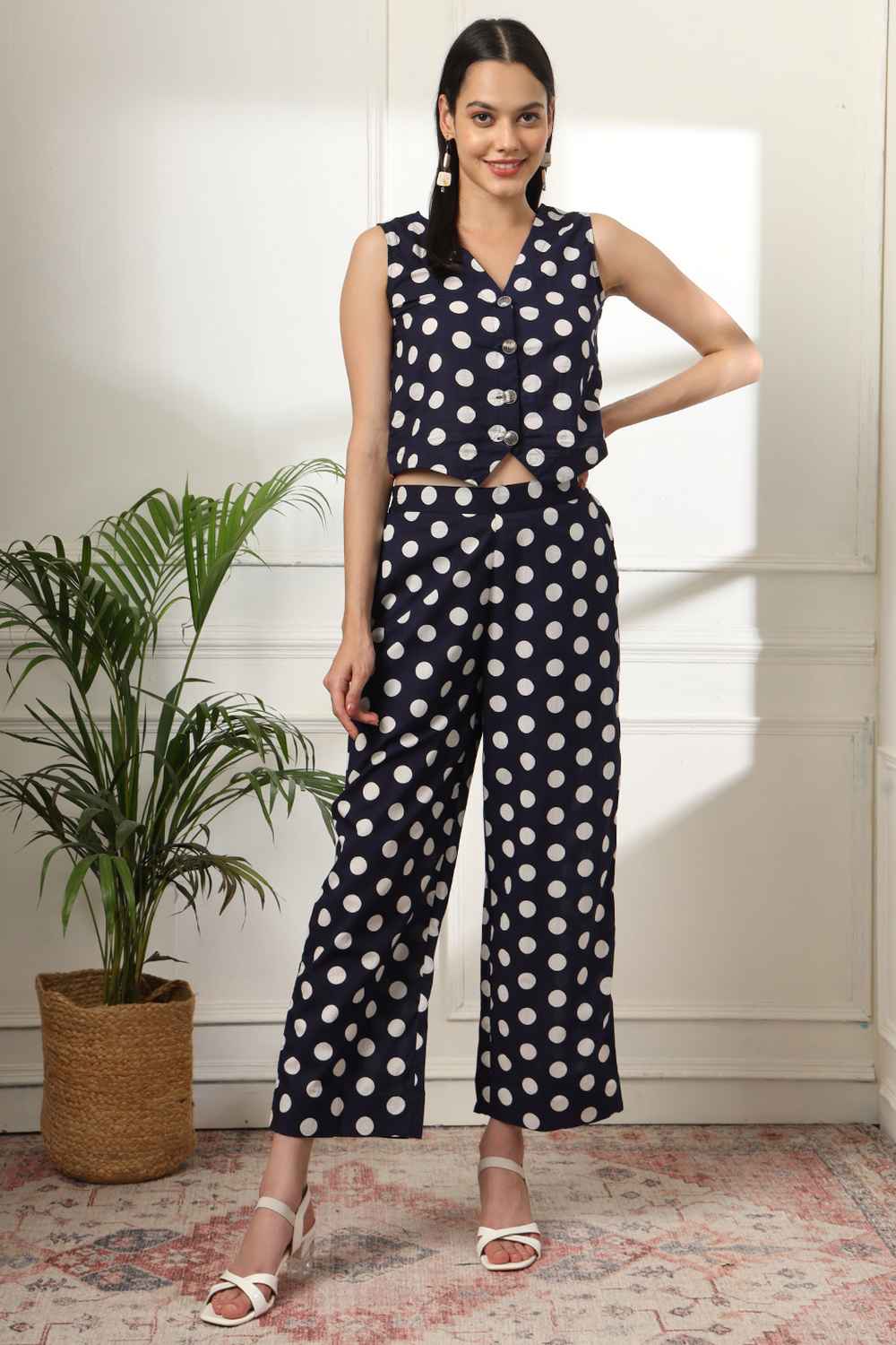 Blue Polka Dot Print Cotton Co-Ord Sets