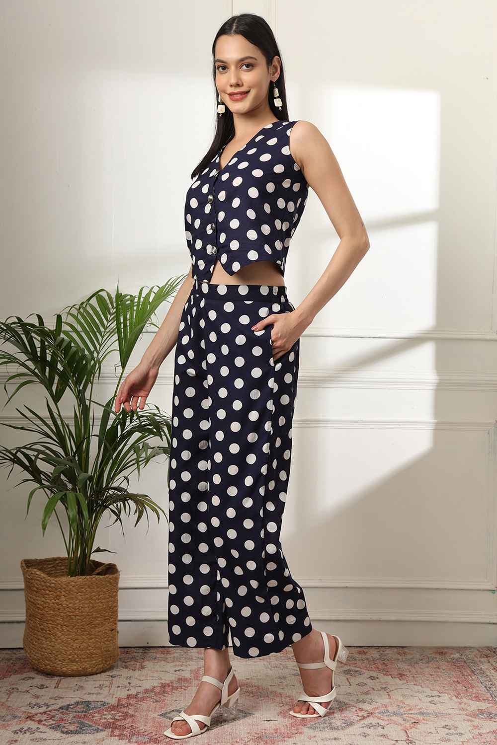 Blue Polka Dot Print Cotton Co-Ord Sets