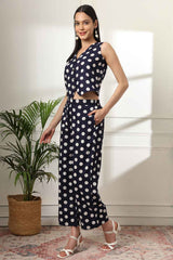 Blue Polka Dot Print Cotton Co-Ord Set