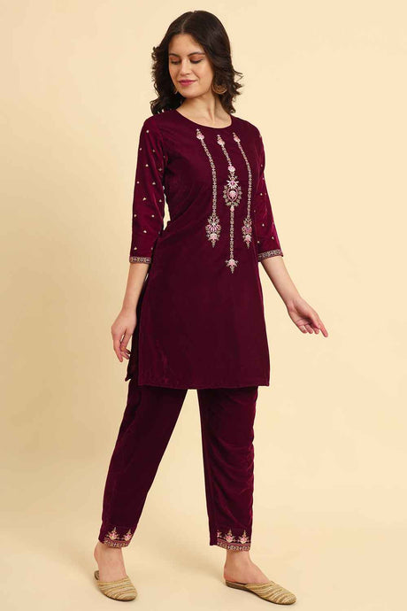 Magenta Zari Work Velvet Co-Ord Sets