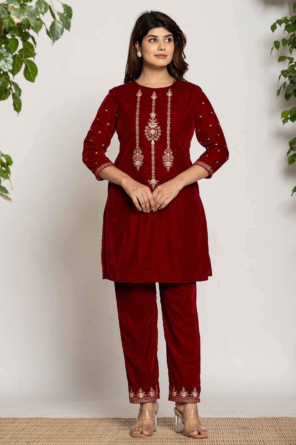 Red Embroidered Work Velvet Co-Ord Sets