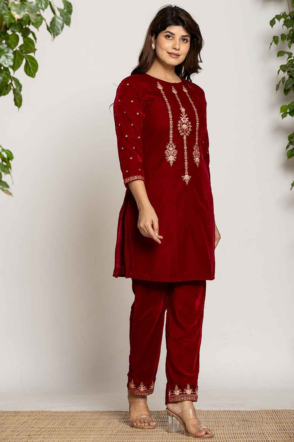 Red Embroidered Work Velvet Co-Ord Sets