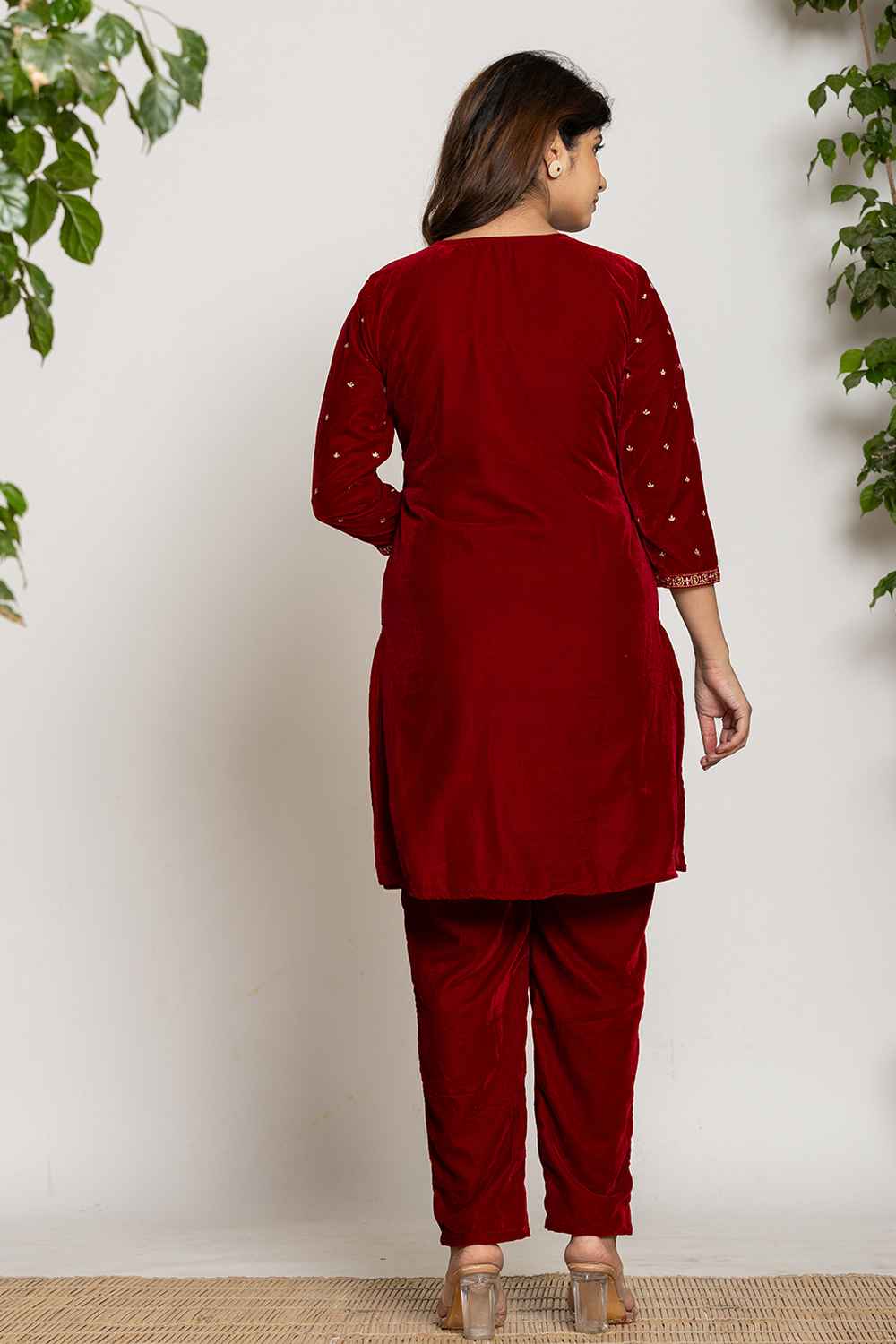 Red Embroidered Work Velvet Co-Ord Sets