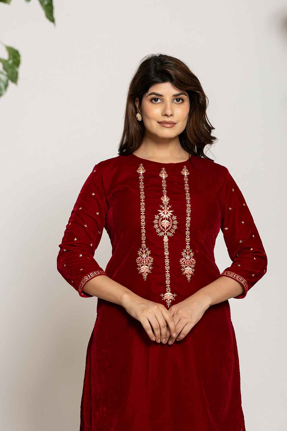 Red Embroidered Work Velvet Co-Ord Sets