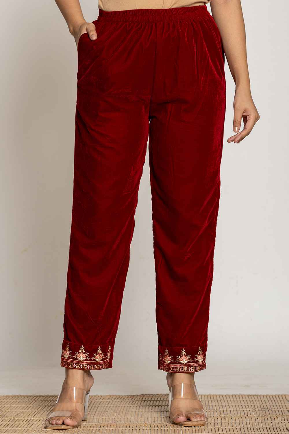 Red Embroidered Work Velvet Co-Ord Sets