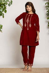 Red Embroidered Work Velvet Co-Ord Sets