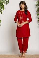 Red Embroidered Work Velvet Co-Ord Sets